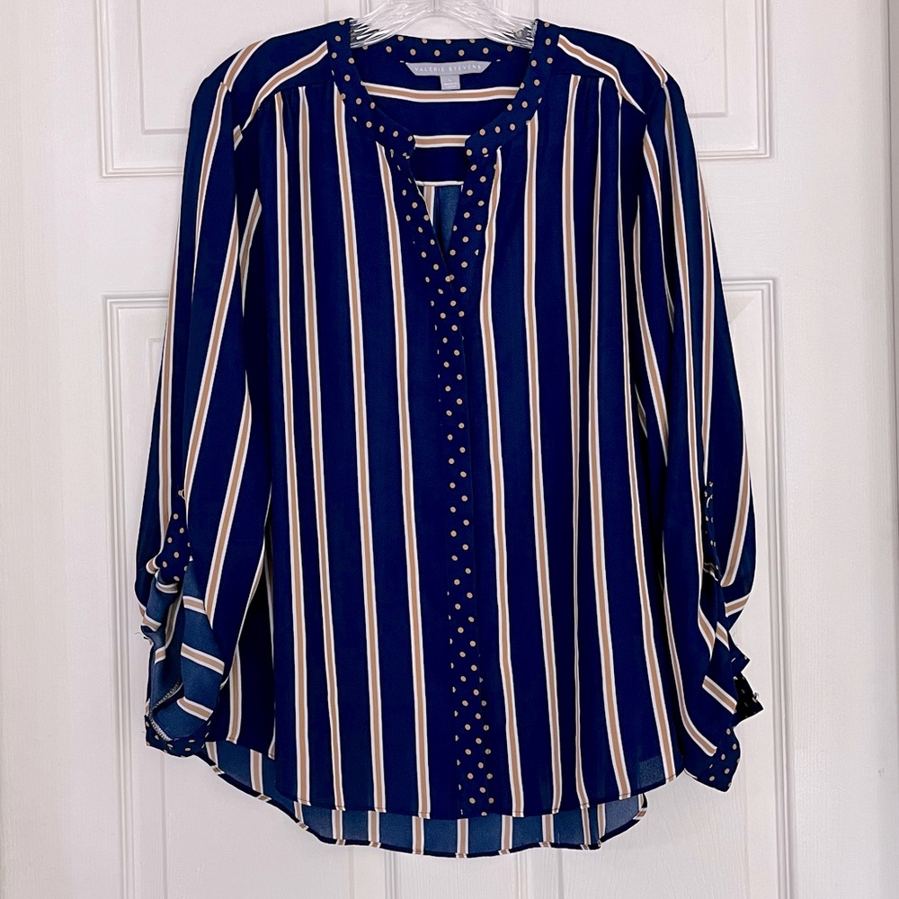 🌸3/$25 Valerie Stevens Blue and Yellow Stripe Button Up Blouse, Size L